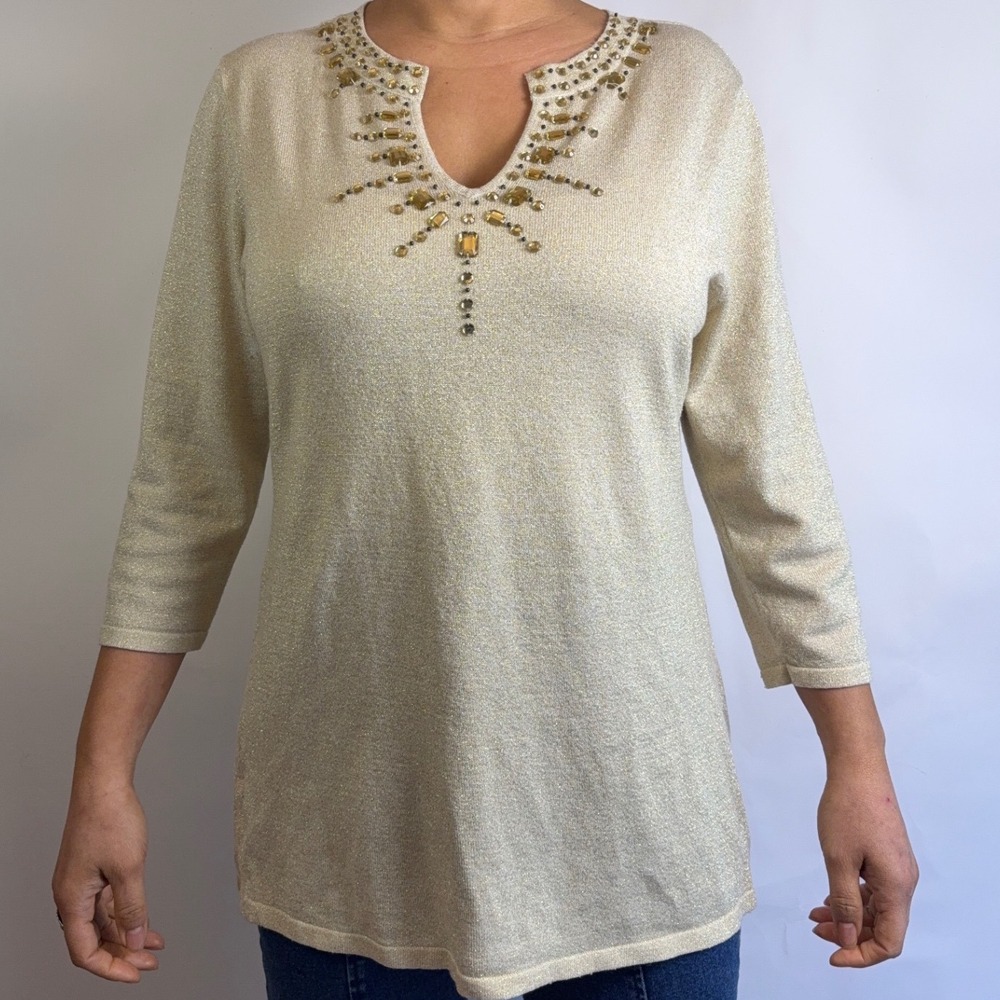 JM Collection Embellished Metallic Sparkle Gold Knit Sweater Top Women Size XL
